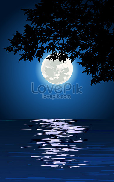 Full Moon Over Lake With Tree Branches Illustration Image Picture Free Download Lovepik Com