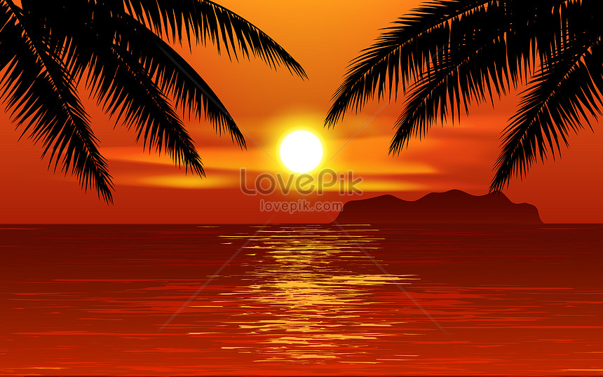 Beautiful Tropical Beach Sunset With Palm Tree Illustration Image Picture Free Download Lovepik Com