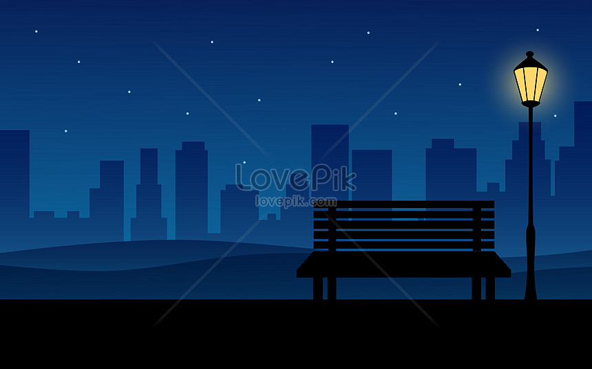 벤치와 가로등으로 밤에 도시 공원 일러스트 무료 다운로드 - Lovepik