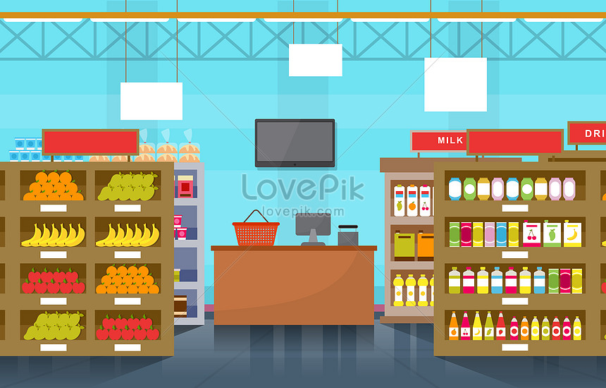 Vector blue supermarket grocery shelf with light illustration image