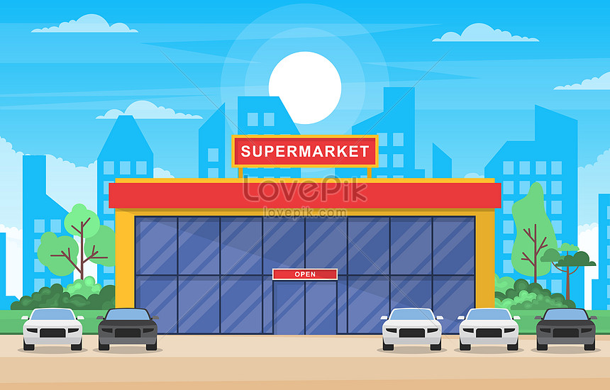 Vector supermarket outdoor panoramic with parking illustration  image_picture free download 