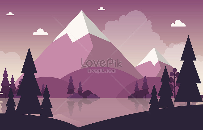 Purple vector snow mountain and forest nature landscape illustration ...