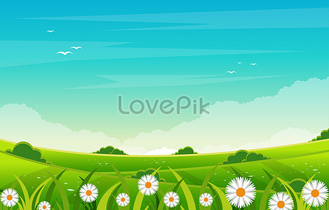 Beautiful green grass and blue sky nature landscape vector illustration ...