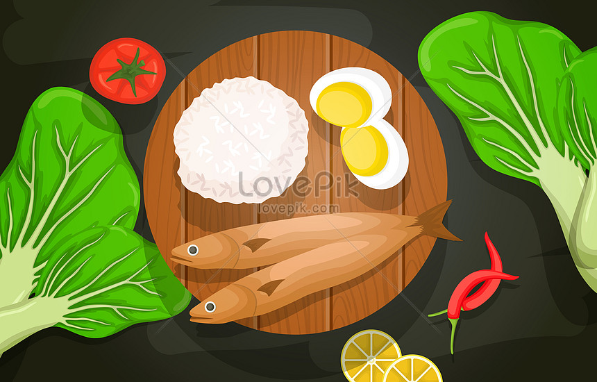 Healthy fish rice and vegetables food on cutting board illustration  image_picture free download 