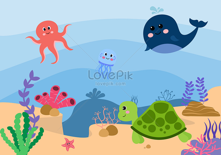 Flat cute ocean animals underwater illustration image_picture free download  