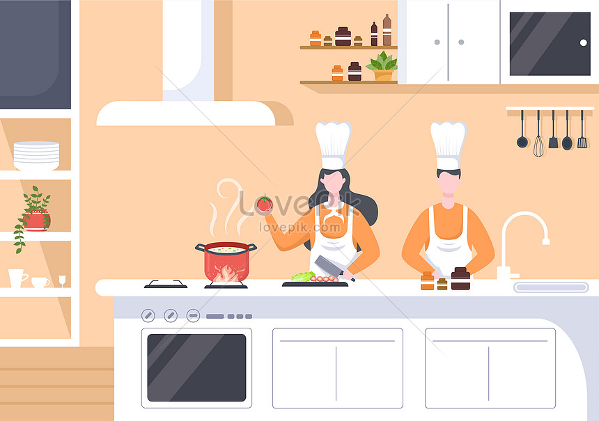 Chef is cooking in the kitchen background vector illustration image_picture  free download 