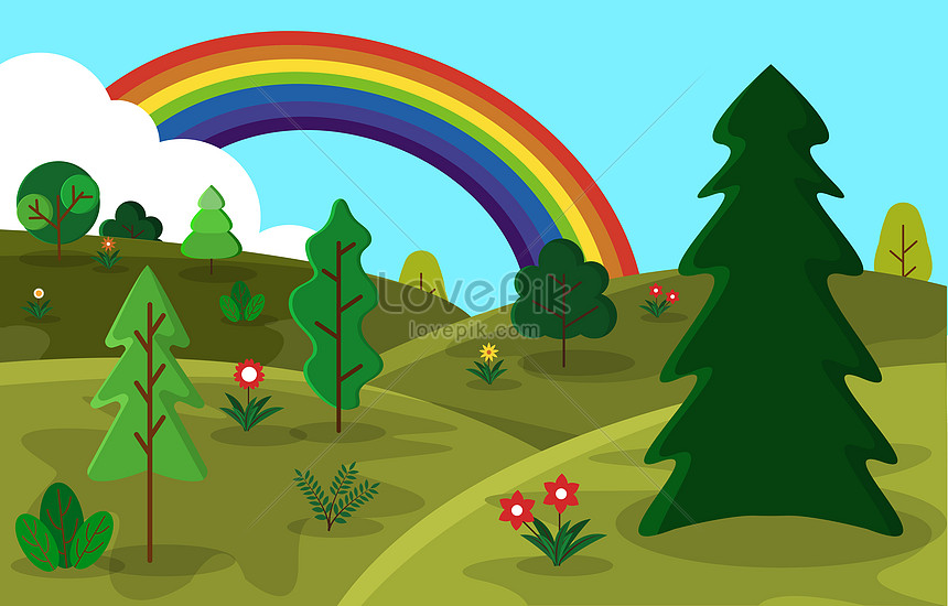 Beautiful rainbow with trees nature landscape illustration image_picture  free download 