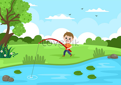 Children fishing by river vector illustration image_picture free ...