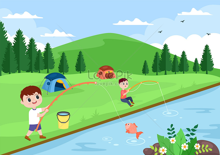 Children fishing by river vector illustration image_picture free