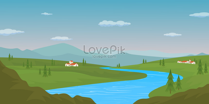 호수 와 산 의 경치 일러스트 무료 다운로드 - Lovepik