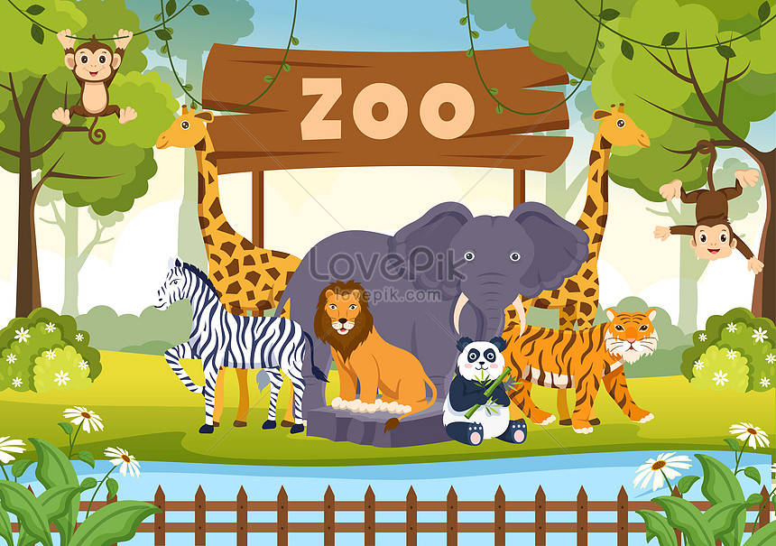 Zoo Cartoon Illustration with Safari Animals on Forest , zebra, wild, zoo animals illustration