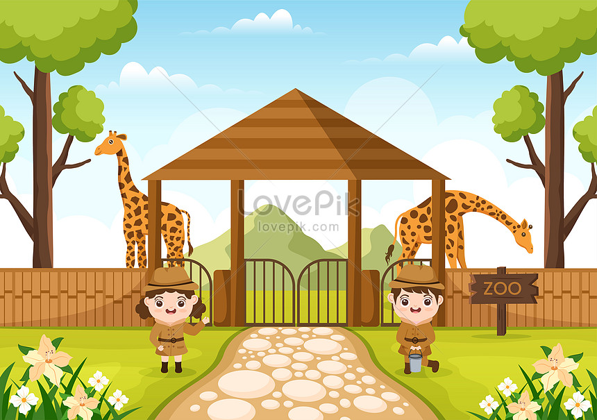 Zoo Cartoon Illustration with Safari Animals on Forest , zoo cartoon, tropical, natural illustration