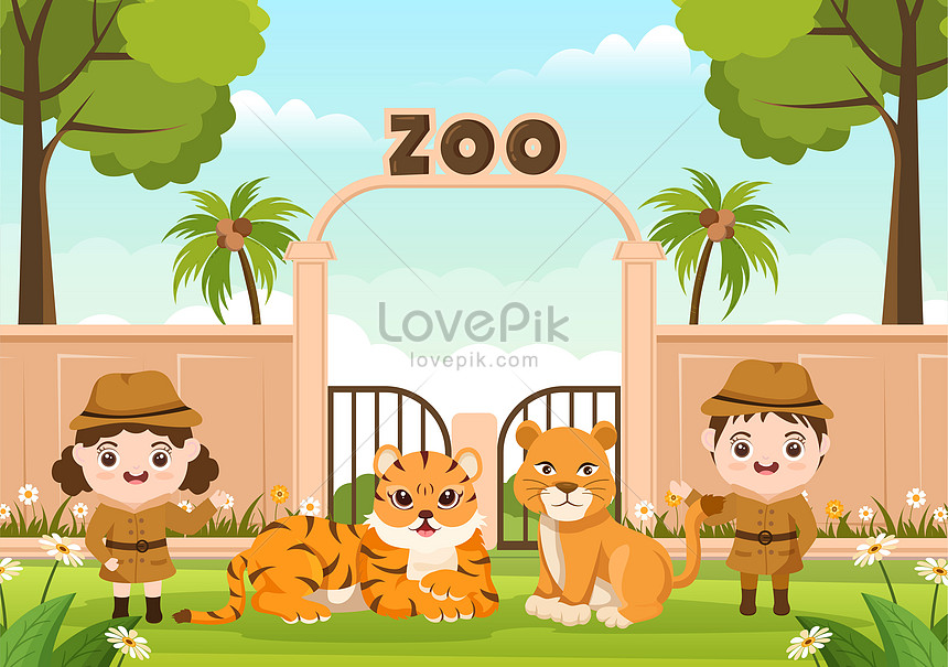 Zoo Cartoon Illustration with Safari Animals on Forest , zoo cartoon, tropical, natural illustration