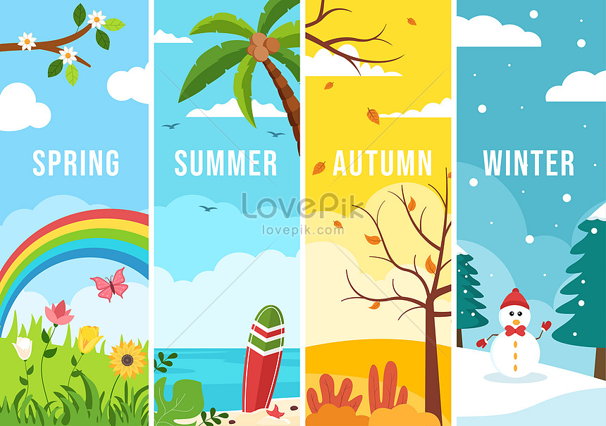 Scenery of the Four Seasons of Nature with Landscape Spring, Summer, Autumn  and Winter in Template Hand Drawn Cartoon Flat Style Illustration 12613095  Vector Art at Vecteezy