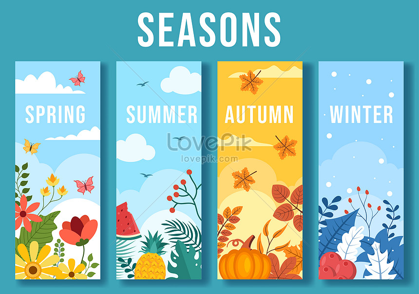 Premium Vector  Landscape four seasons. winter, spring, summer, autumn.  forest landscape with trees, bushes, flowers, road, and a lake.