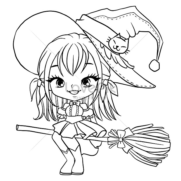 witch girl cartoon doodle kawaii anime coloring page cute