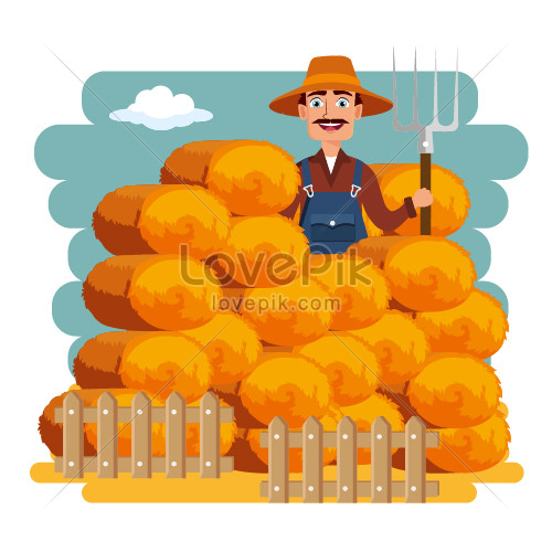 Farmer With Pitchfork Surrounded With Hey Vector Illustration Image   9144  Wh860 