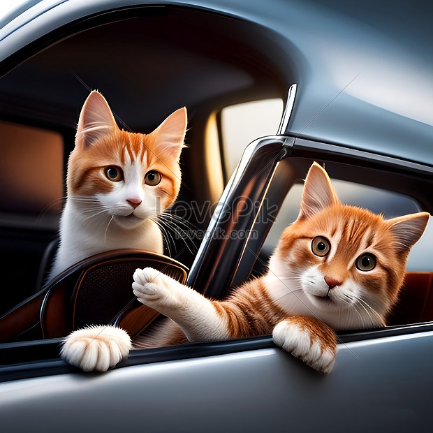 Two Cats Dogs Sitting In The Back Of A Blue Car Conceptual Image ...