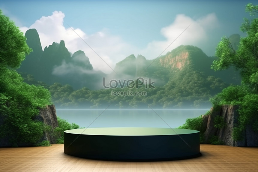 Display podium for product presentation in front of a nature landscape with generative ai, tree, cloud, sky HD Photo
