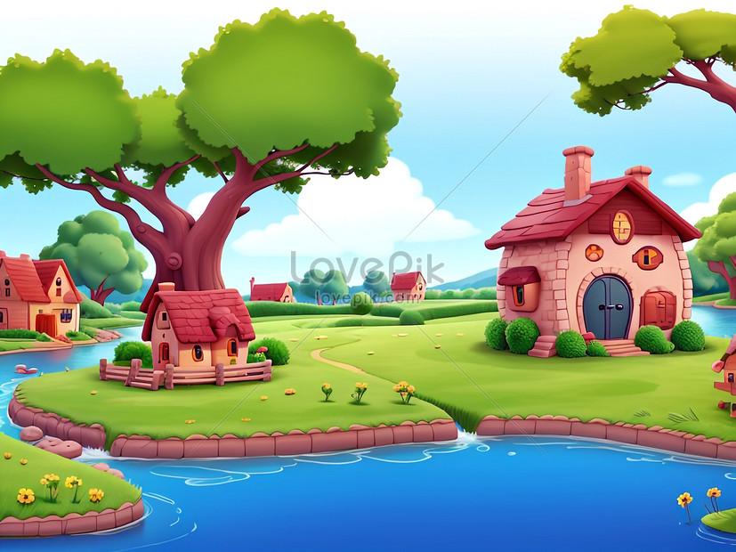 3d Animation Style Free Vector Village Scene With Landscape Natural ...