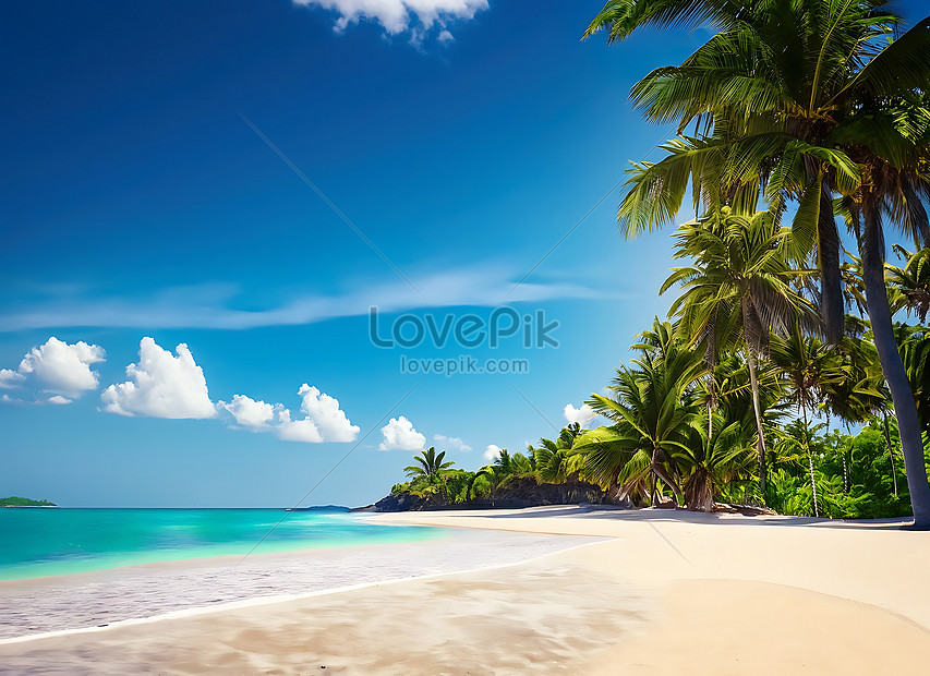 รูปBeautiful Image Of A Tropical Beach With Blue Sky And Palm Trees, HD ...