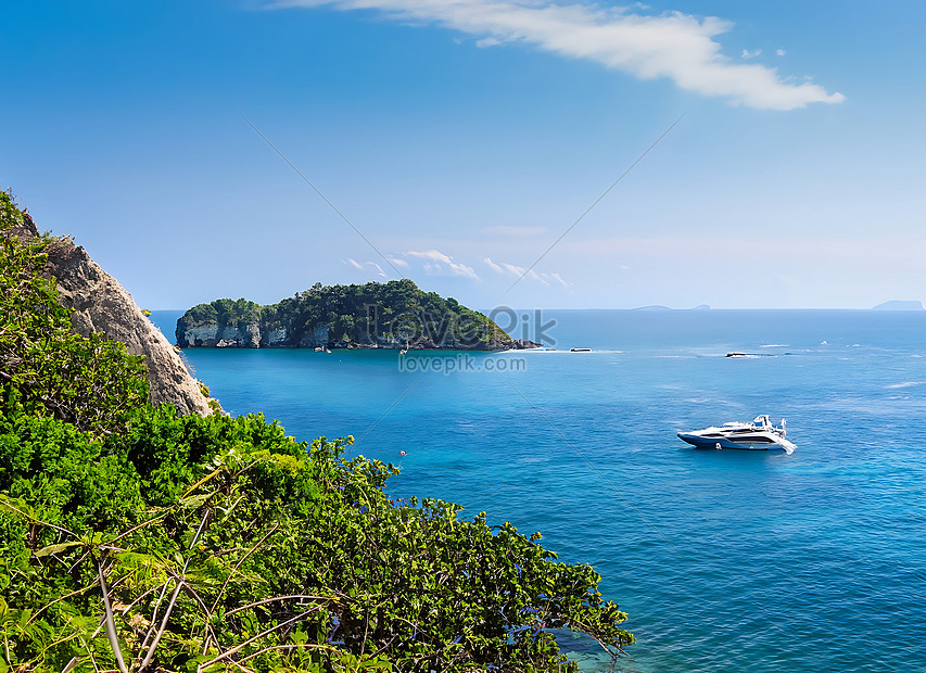 Beautiful paradise in summer of seascape and sea horizon with yacht boat in Calm ocean and blue sky, coastal,  jungle,  palm HD Photo