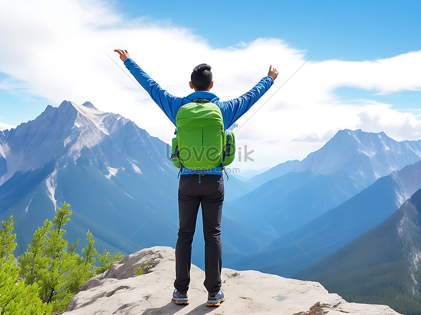 Rear View Back Of Young Asian Hiking Man Standing And Riseup Hands With ...