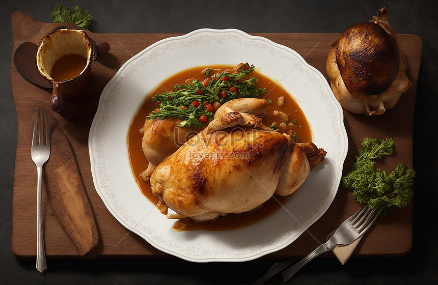 Roasted Chicken With Sauce And Mushrooms On A Dark Background Picture ...