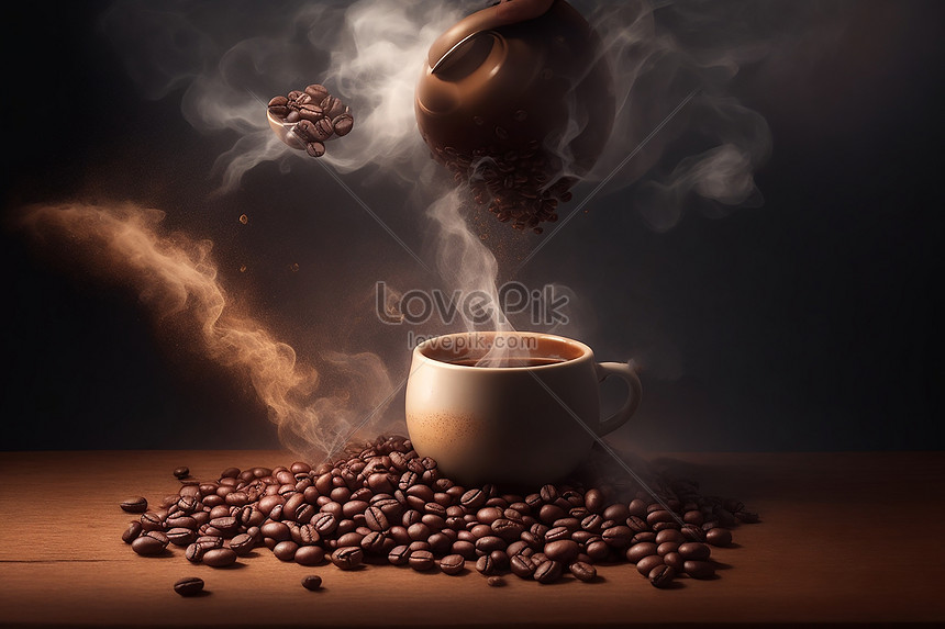 Cup Glass Of Coffee With Smoke And Coffee Beans On Old Wooden