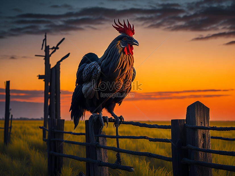 Rooster On A Fence At Sunset In The Countryside 사진 무료 다운로드 Lovepik