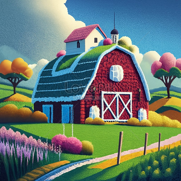 Dreamlike Hand Drawn Illustration Woolen House In The Field Picture And ...