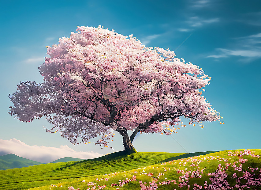 Decorative Spring Landscape With Single Lush Blooming Sakura Cherry ...