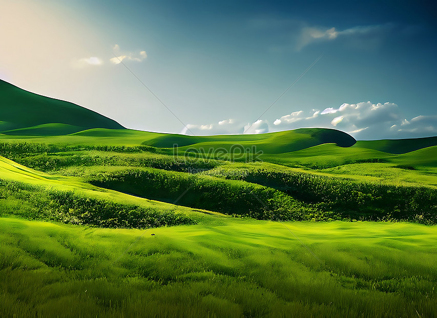 Photo Realistic Illustration Of Green Field Grass Hills Landscape Graphic Art Picture And Hd 6427