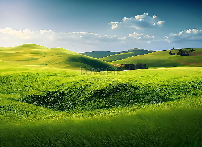 Photo Realistic Illustration Of Green Field Grass Hills Landscape Graphic Art Picture And Hd 9810