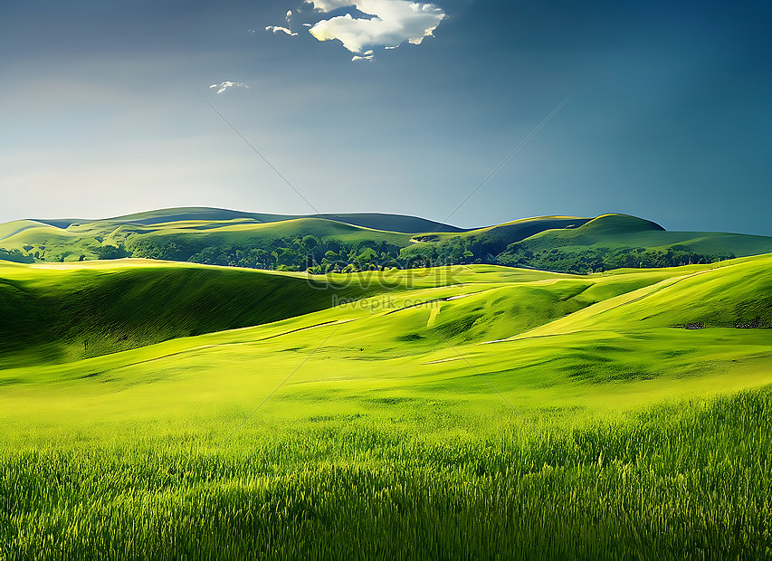 Photo Realistic Illustration Of Green Field Grass Hills Landscape ...