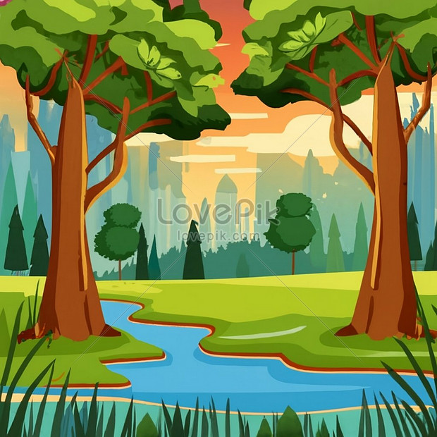 Cartoon Forest Background Nature Landscape With Deciduous Trees Moss On ...