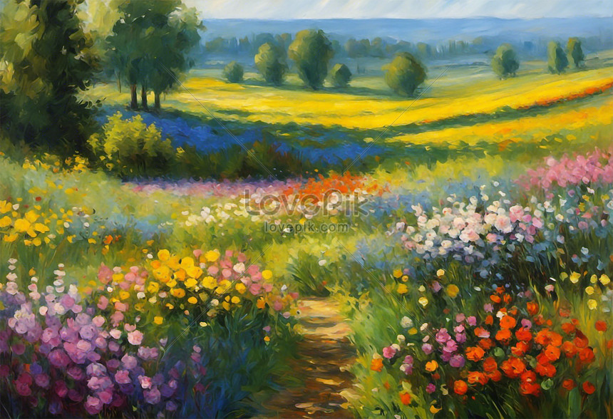 Oil Painting On Canvas. Spring Landscape With Colorful Flowers Picture ...