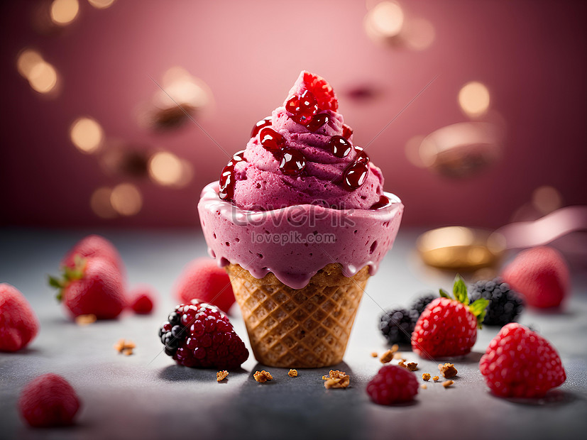 Delicious Premium Italian Strawberry Gelato Ice Cream Cone With Topping ...