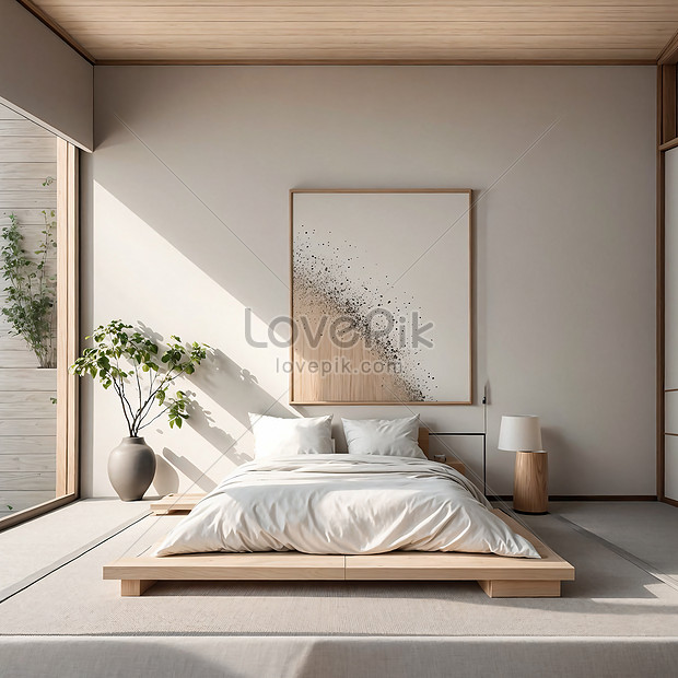 Interior Bedroom With White Walls Wooden Floor King Size Bed Mock Up ...