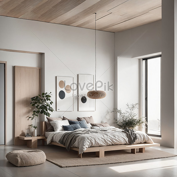 Interior Bedroom With White Walls Wooden Floor King Size Bed Mock Up ...