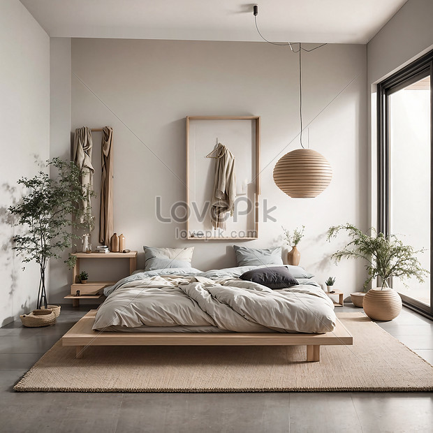 Interior Bedroom With White Walls Wooden Floor King Size Bed Mock Up ...