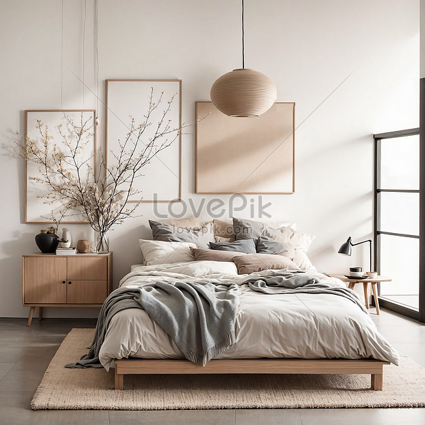 Interior Bedroom With White Walls Wooden Floor King Size Bed Mock Up ...