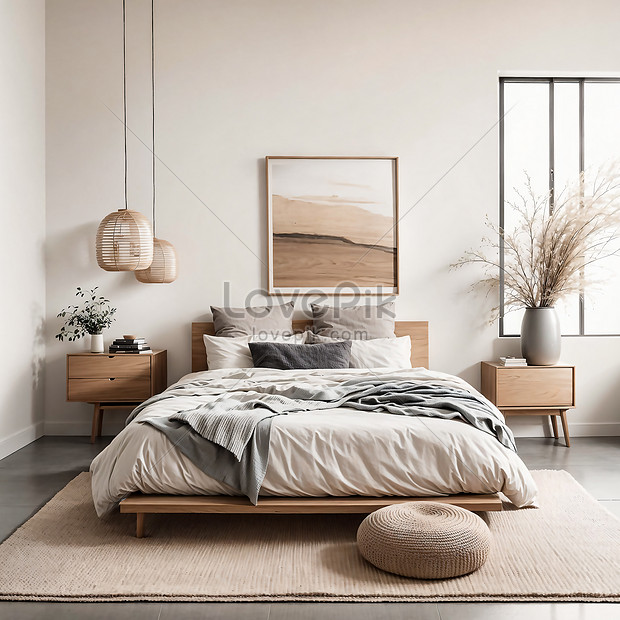 Interior Bedroom With White Walls Wooden Floor King Size Bed Mock Up ...