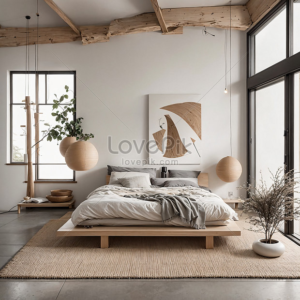 Interior Bedroom With White Walls Wooden Floor King Size Bed Mock Up ...