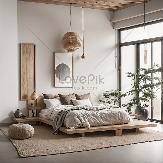 Interior Bedroom With White Walls Wooden Floor King Size Bed Mock Up ...