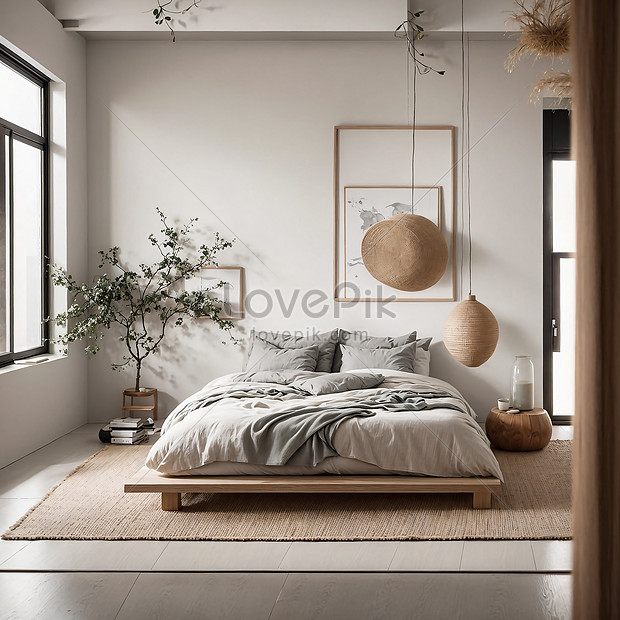 Interior Bedroom With White Walls Wooden Floor King Size Bed Mock Up ...