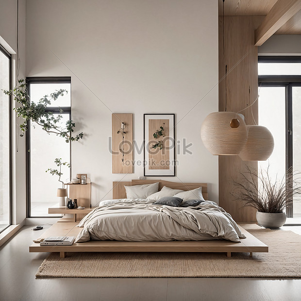 Interior Bedroom With White Walls Wooden Floor King Size Bed Mock Up ...