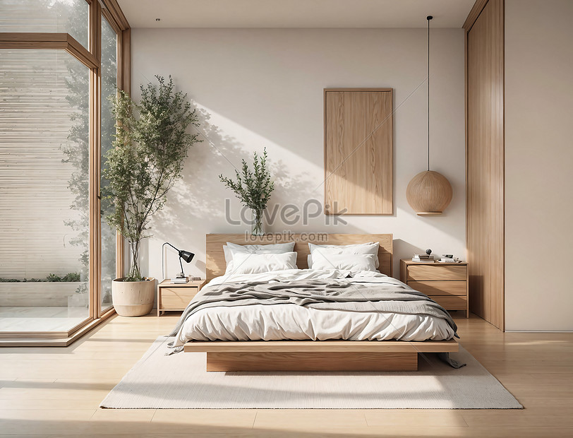 Interior Bedroom With White Walls Wooden Floor King Size Bed Mock Up ...