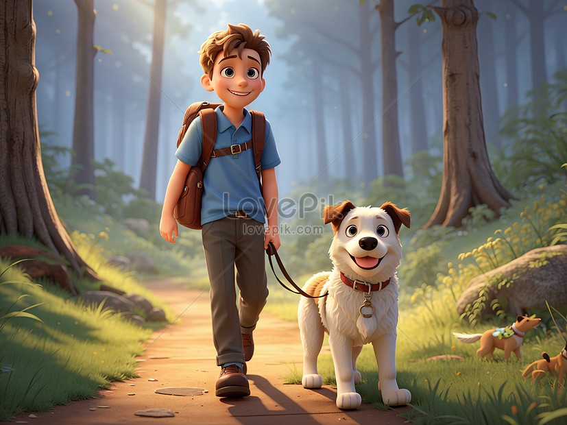 Little boy and his dog in the forest at sunset, Little boy,  dog,  forest HD Photo