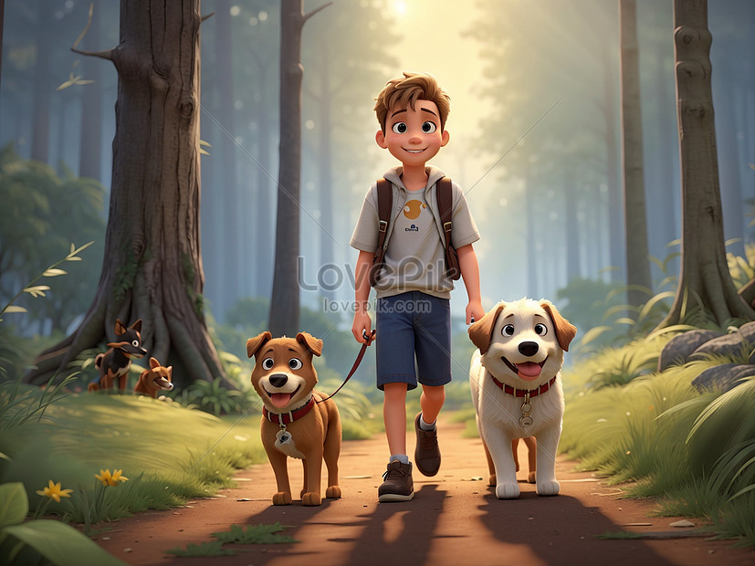 Little Boy And His Dog In The Forest At Sunset Picture And HD Photos ...